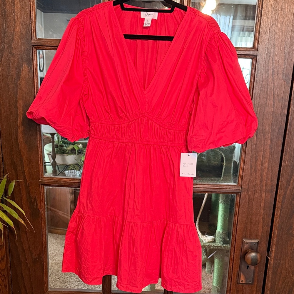 Japna Women Pink Cotton Puff Sleeve Smocked Waist Tiered Mini Dress 21520S L NEW